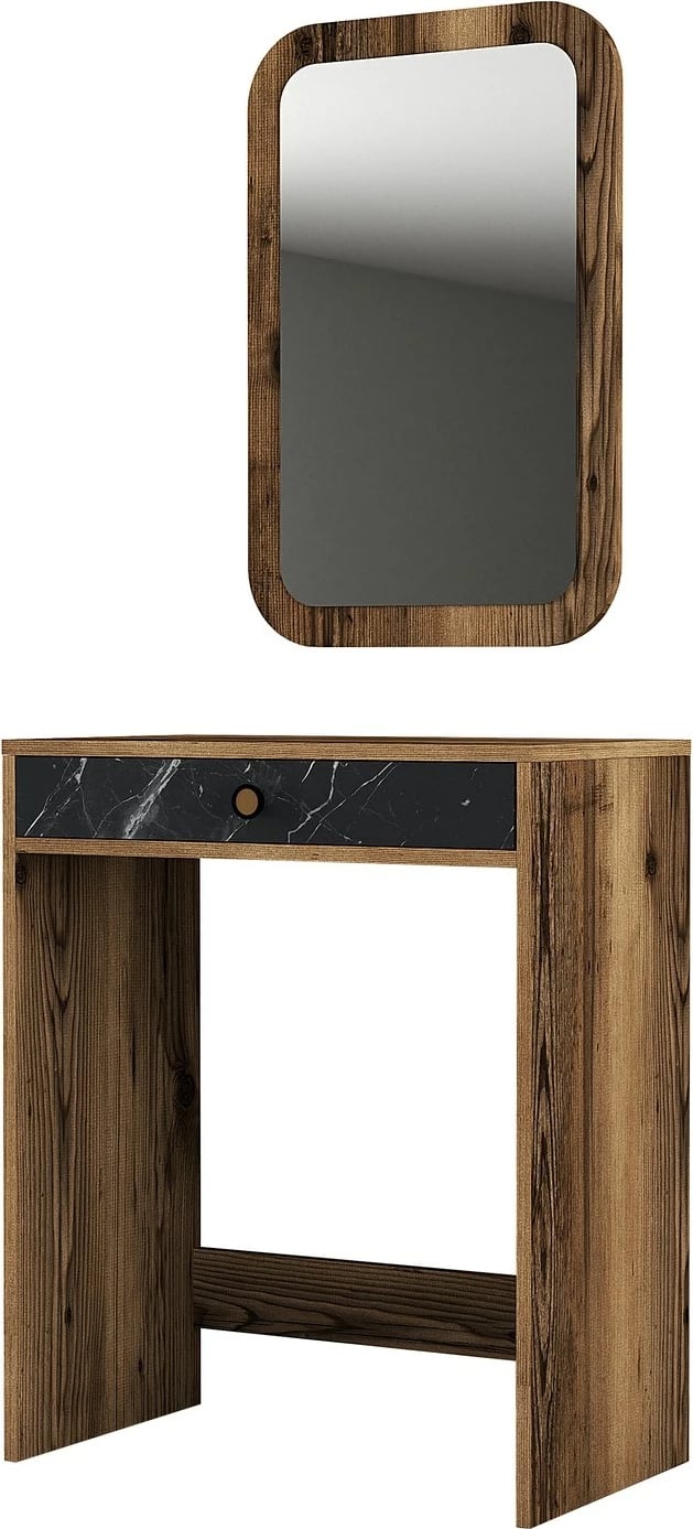 Tavolinë grimi me pasqyrë Lizbon, ngjyrë arre, e zezë, mermer