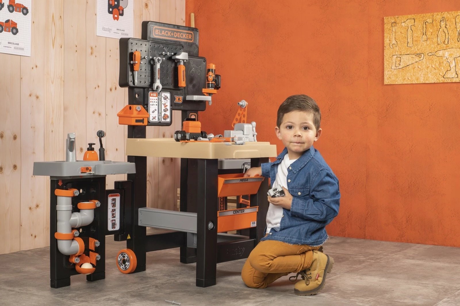 Set lodrash punëtori Smoby Black+Decker Mega Workshop 3-në-1, 100 aksesorë, për fëmijë, e zezë/portokalli/gri/druri