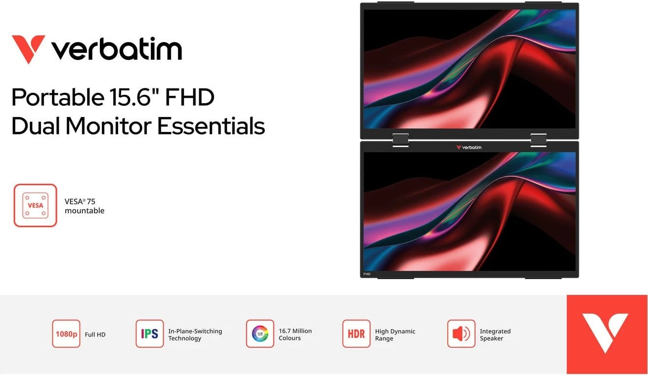 Monitor portabël me prekje dual, Verbatim, GMVE32403PLG, 2x 15.6" Full HD 60Hz IPS, altoparlantë të integruar, VESA 75, i zi