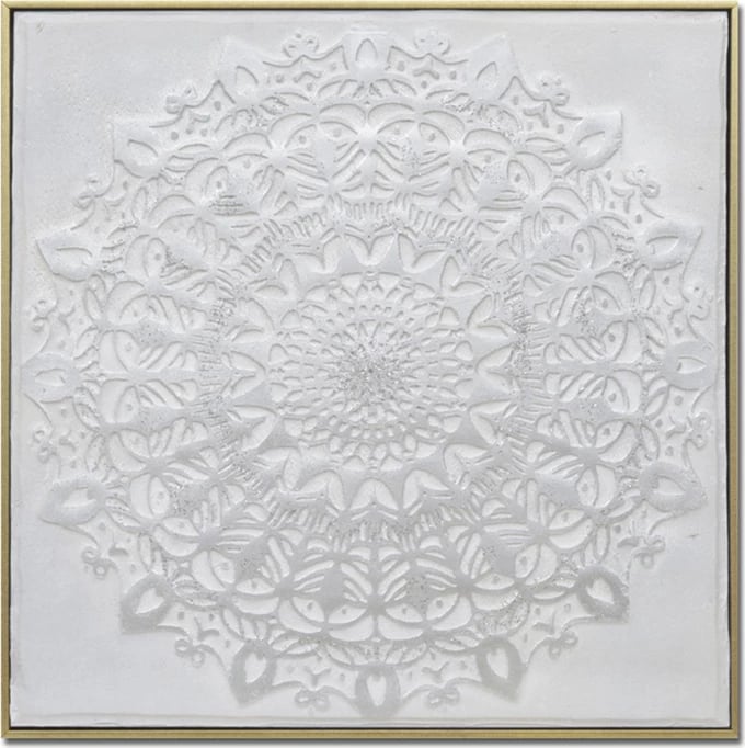 Pikturë dekorative mandala, kanavacë, ngjyrë e bardhë dhe ari, 62x62x5cm