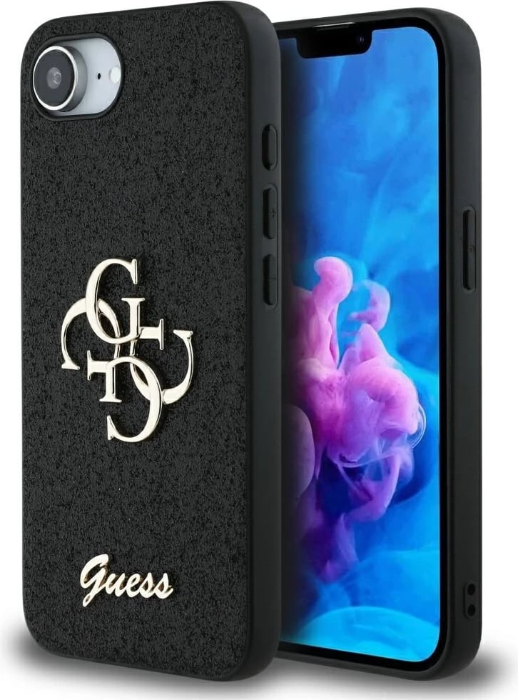 Mbështjellës Guess Fixed Glitter Big 4G për iPhone 16e, i zi Mbështjellës Guess Fixed Glitter Big 4G për iPhone 16e, i zi