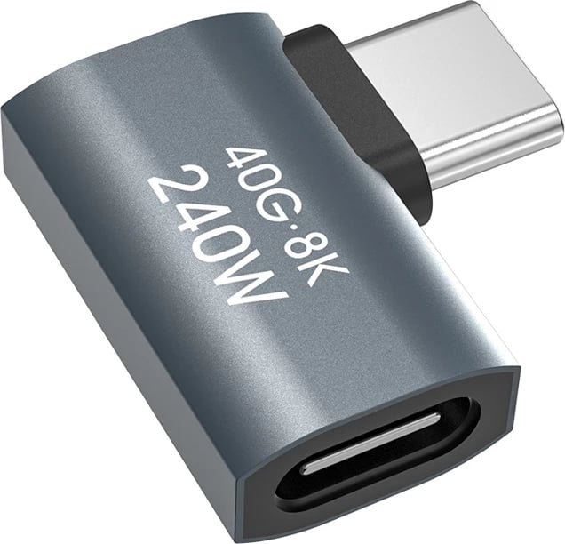 Adapter USB-C mashkull në USB-C femër këndor anësor, Wozinsky WPKB-01, 40Gb/s, 240W PD3.1, 8K 60Hz, OTG, gri