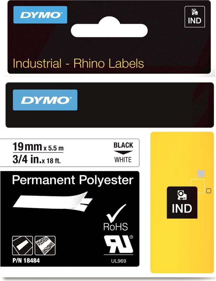 shirit etiketime industrial Dymo Rhino 18484 poliester i përhershëm 19mm x 5.5m XL, zi në të bardhë