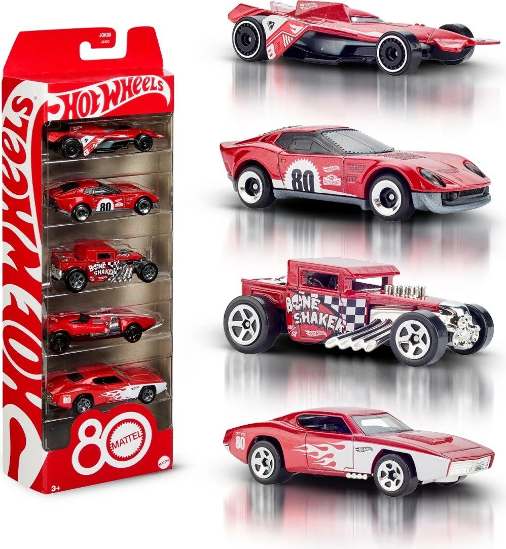 Set vetura lodër, Hot Wheels JGK08 Mattel 80th Anniversary 5-Pack, shkallë 1:64, metal, shumëngjyrëshe, set 5 copë