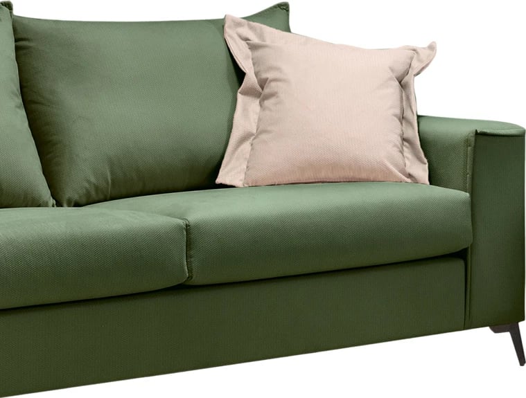 Divan Verona 3-ulësesh, ngjyrë e gjelbër e errët, me jastëkë krem, 225x93x100 cm