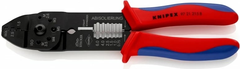 Vegël krimpimi Knipex 97 21 215 B, metal, dorezë plastike, zi/blu/kuqe