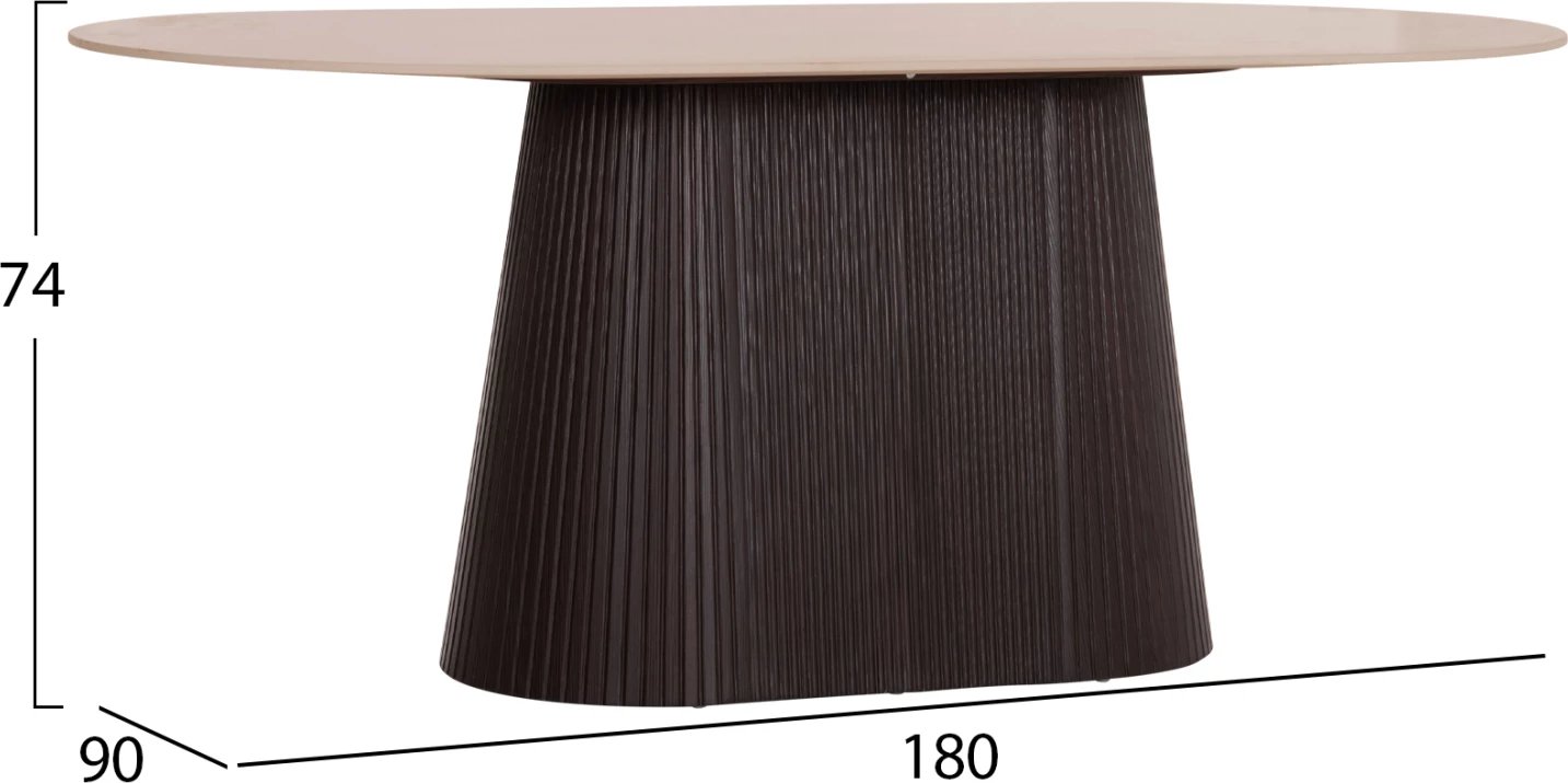 Tavolinë ngrënieje ovale CATER, sipërfaqe qeramike travertin, bazë MDF ngjyrë kafe e errët, 188x98x78cm