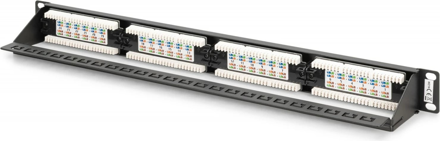Patch Panel, Digitus DN-91624U-CR, 19" 1U, 24x RJ45 CAT 6 UTP, LSA vertikal me udhëzues kabllosh dhe fusha etiketime, e zezë
