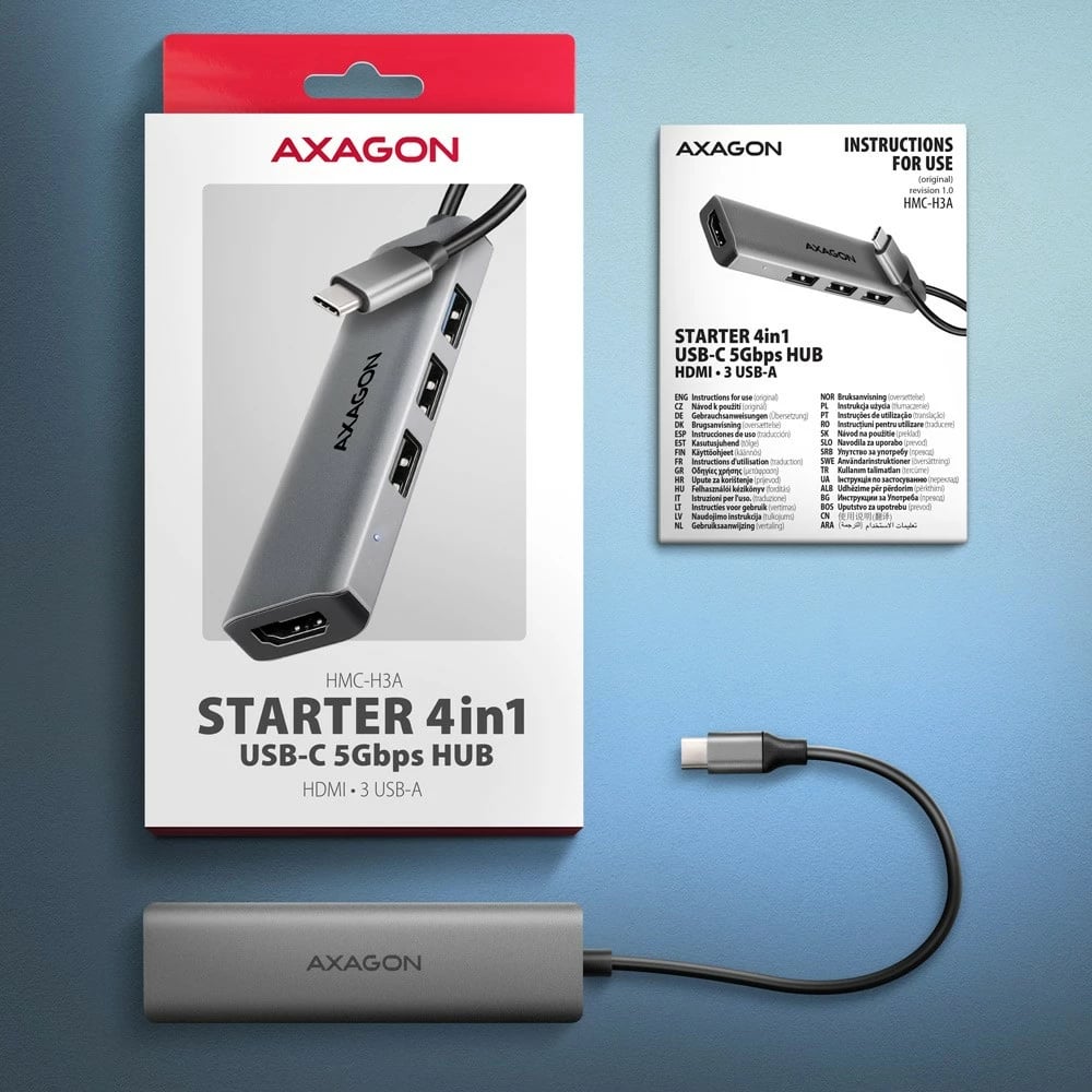 Multiport USB hub AXAGON HMC-H3A 4in1, 5Gbps, 3x USB-A + HDMI 4K, metal, USB-C, Gri