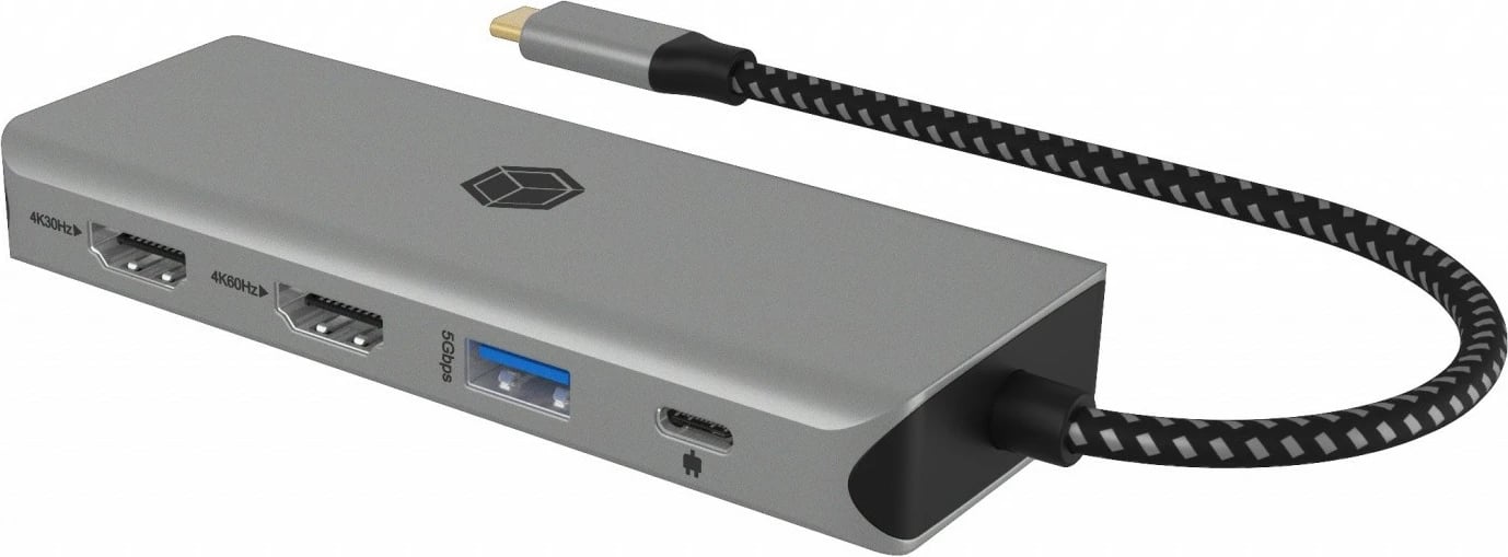 Docking station IcyBox IB-DK4012-CPD, 9-në-1, 2x HDMI, 4K60Hz, 3x USB, 100W PD, LAN, Lexues kartash, antracit