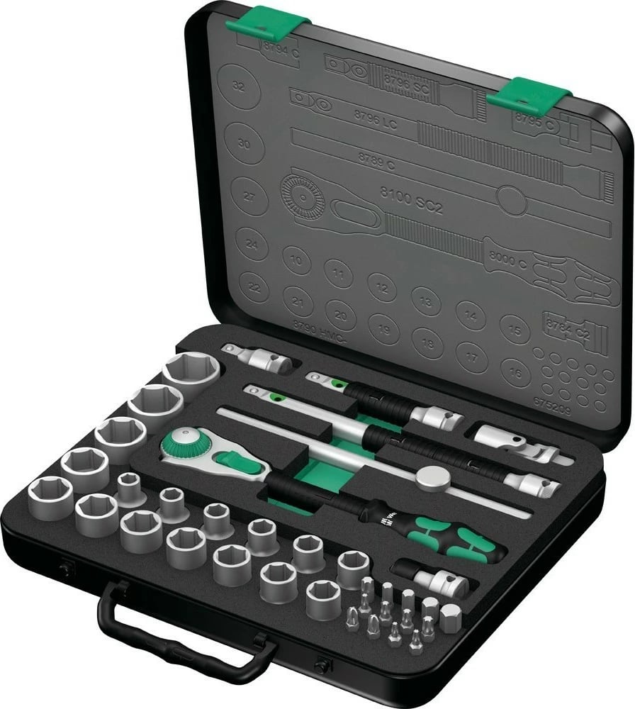 Set çelësa me dantellë Wera 05003645001, 37 pjesë, me kuti, zi/gjelbër