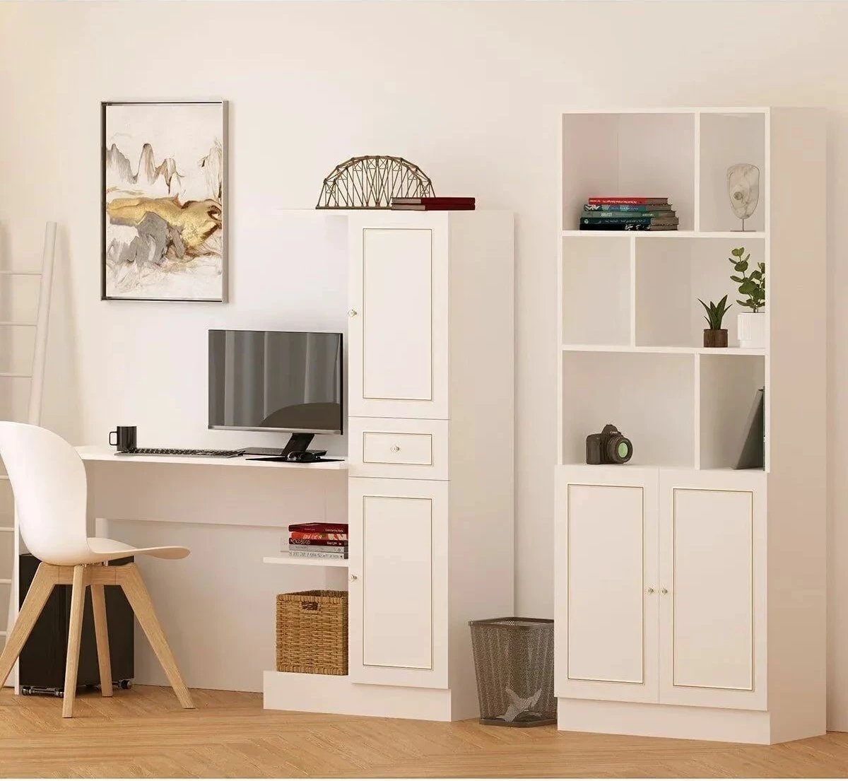 Set tavoline studimi me raft librash, ngjyrë e bardhë mat, Skye Decor, Rb1000401558