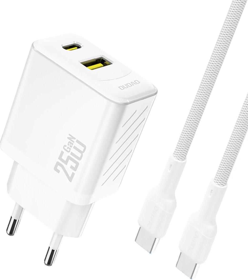 Karikues muri Dudao A26TCEU GaN 25W PD/QC, 2 porta USB-C + USB-A, me kabllo USB-C, bardhë
