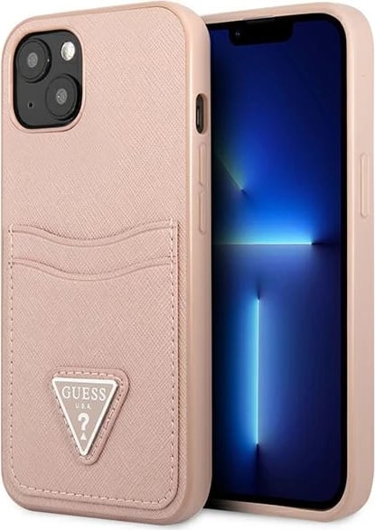Mbështjellës Guess GUHCP13MPSATPP për iPhone 13, hardcase, Saffiano Triangle, me hapësirë për kartela, rozë