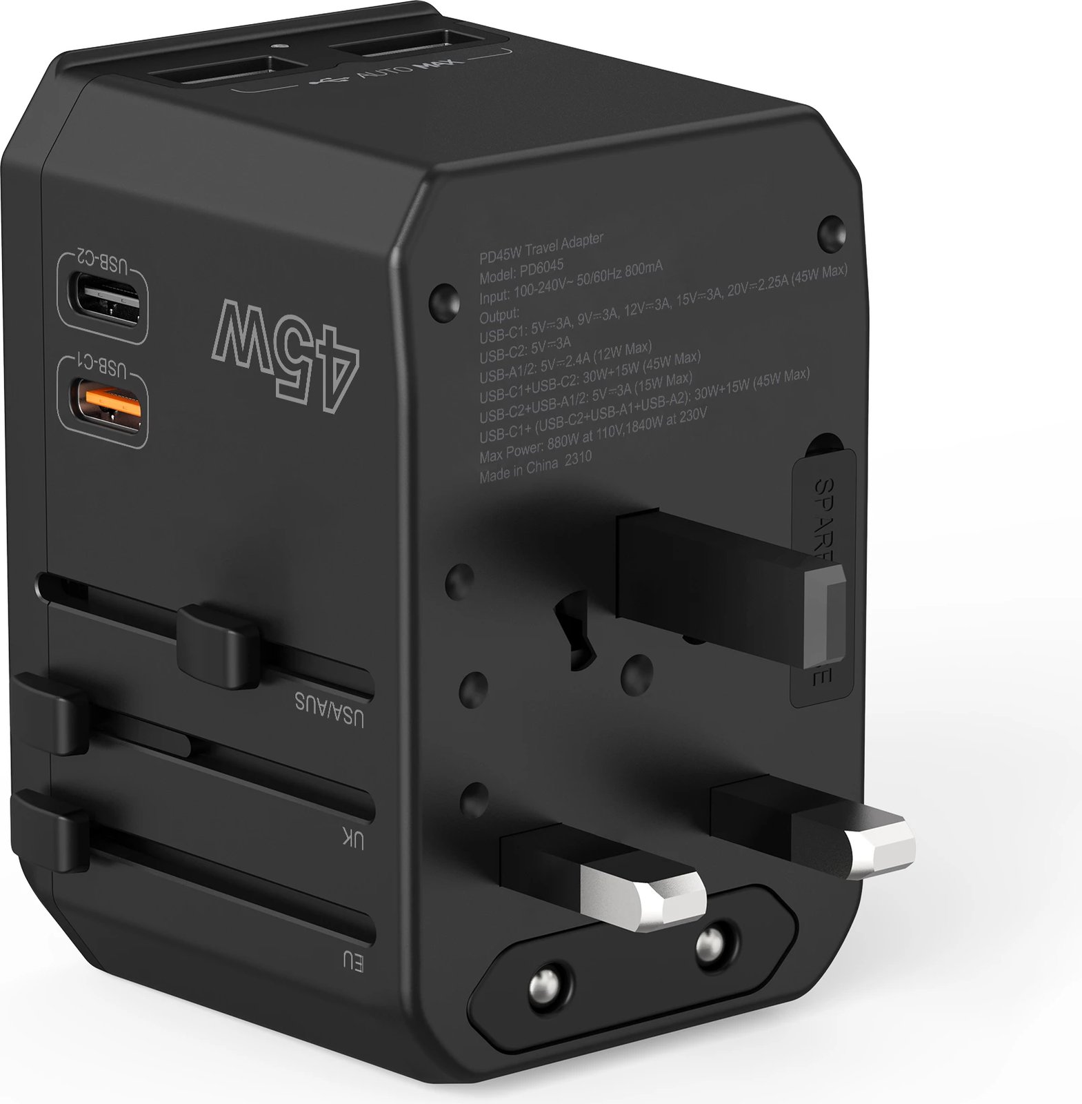 Karikues udhëtimi Choetech PD6045, 45W, 2x USB-C, 2x USB-A, GaN, 4 priza, zi