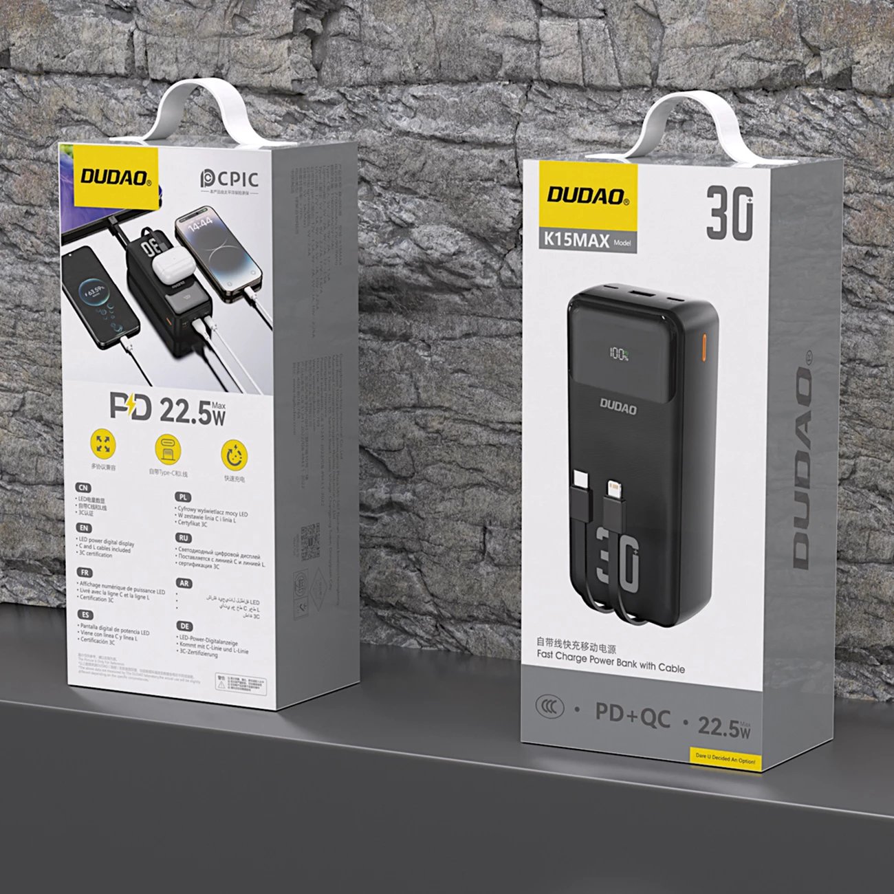 Powerbank Dudao K15MAX, 30000mAh, 22.5W, me kabllo të integruara, e zezë