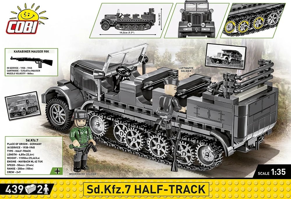 Set ndërtimi Cobi Klocki Sd.Kfz. 7 Half-Track, 439 pjesë, 1:35, me 2 figura, Gri
