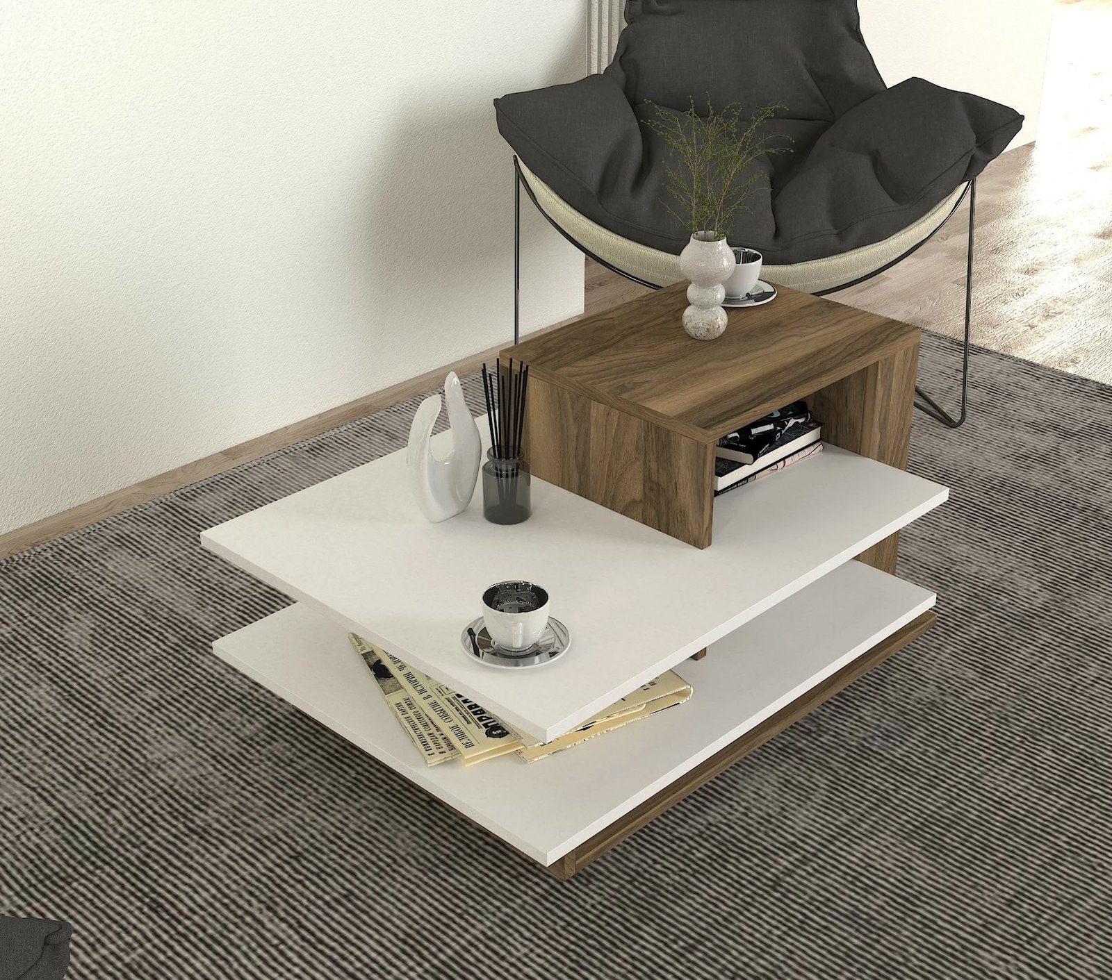 Tavolinë e ulët Skye Decor, Venüs, e bardhë dhe arre