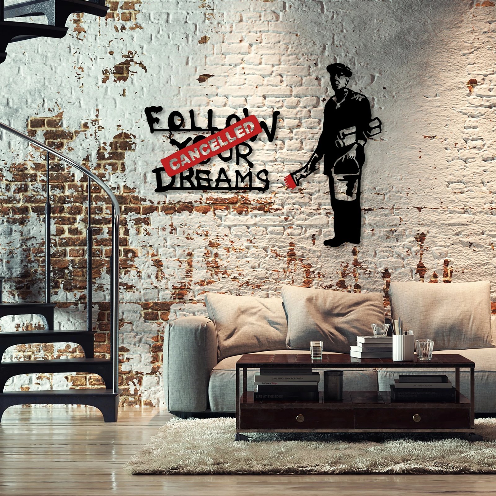 Aksesor dekorativ metalik për mur, Banksy Metal 06, bardhë e kuqe, 64x42cm ose 46x87cm