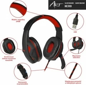 Kufje gaming ART HERO me mikrofon, USB, të zeza/kuqe