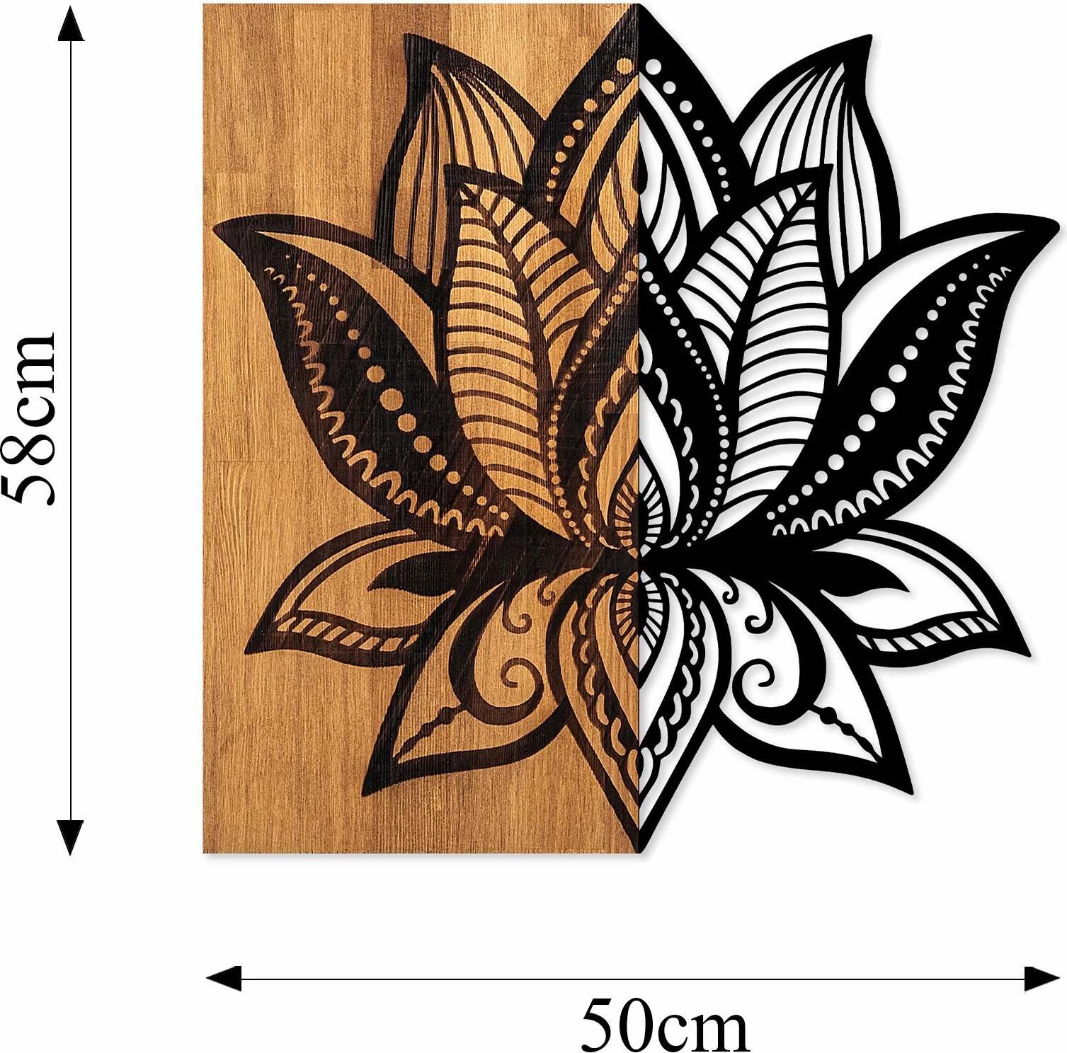 Aksesor dekorativ për mur, dru dhe metal, lotus, ngjyrë arre dhe e zezë, 58x59cm