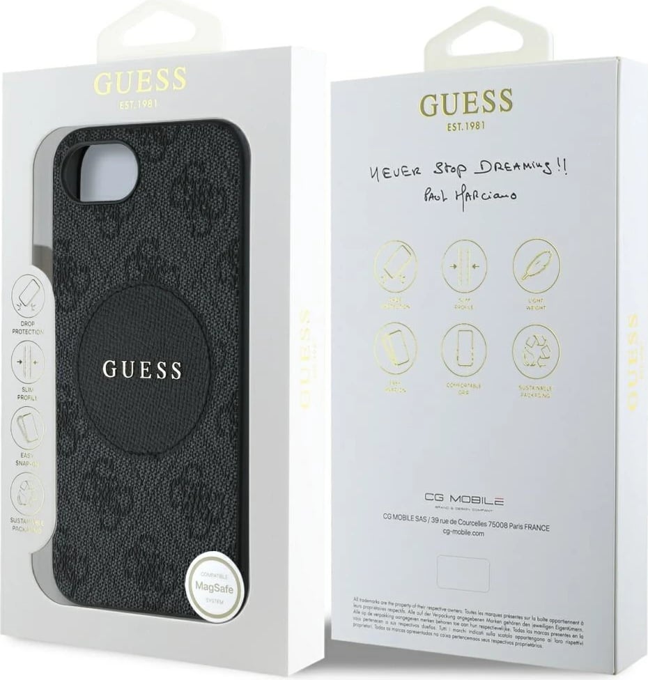 Mbështjellës Guess 4G Circle Classic Logo MagSafe për iPhone 16e, i zi