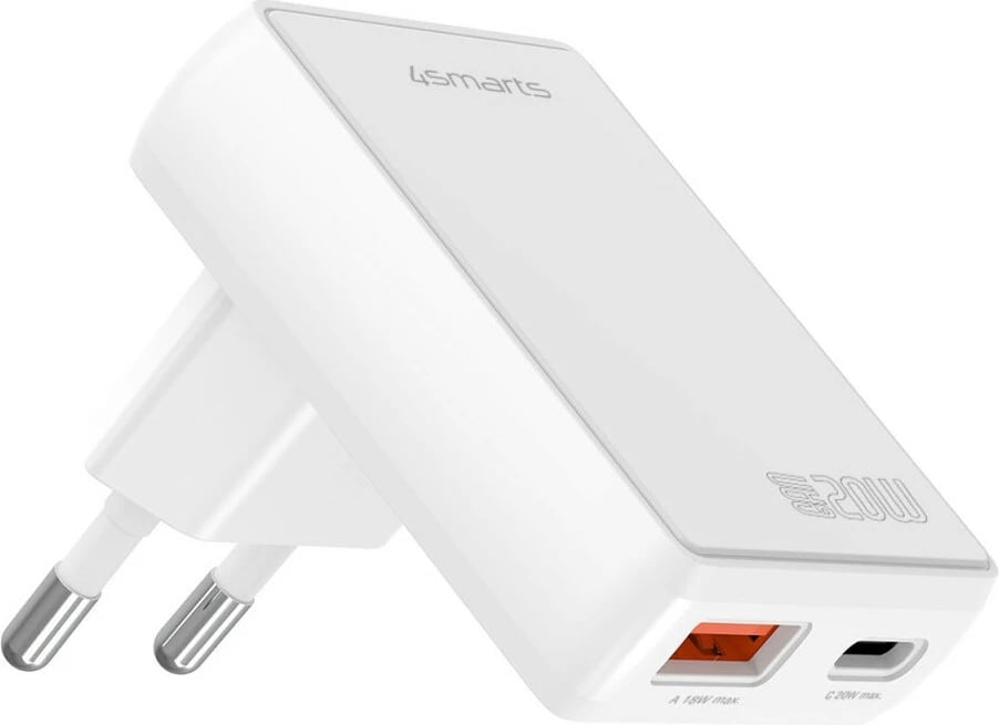 Karikues 4smarts FlatPlug Duos 20W GaN, 1x USB-C, 1x USB-A, i bardhë