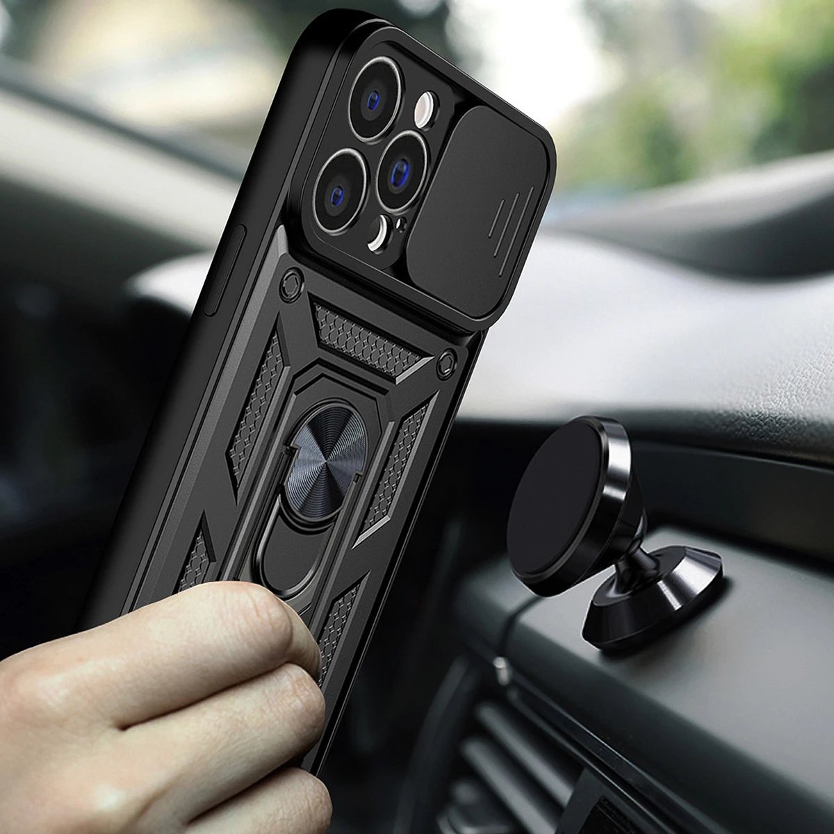Mbështjellës Hurtel Hybrid Armor Camshield për Realme 10 Pro+, me mbulesë kamere, unazë metalike, i zi