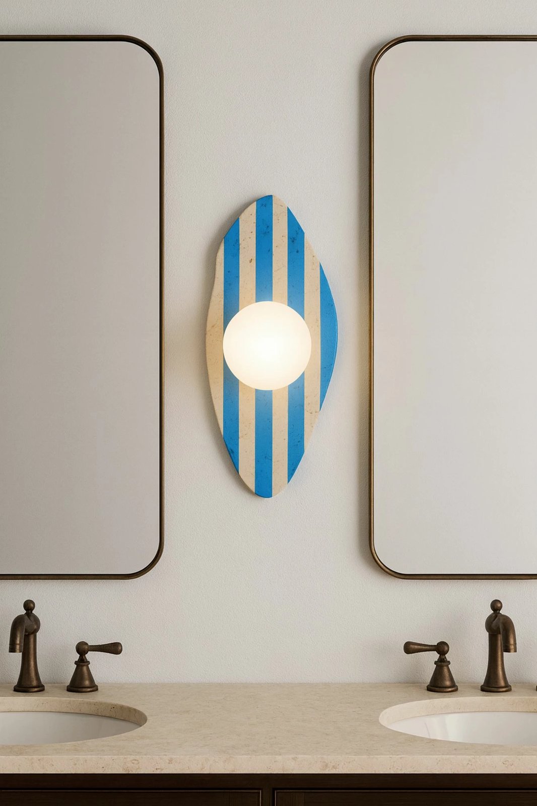 Llambë muri Opviq, Sımple, trup travertine, kapak qelqi, ngjyrë bezhë, bardhë, kaltër