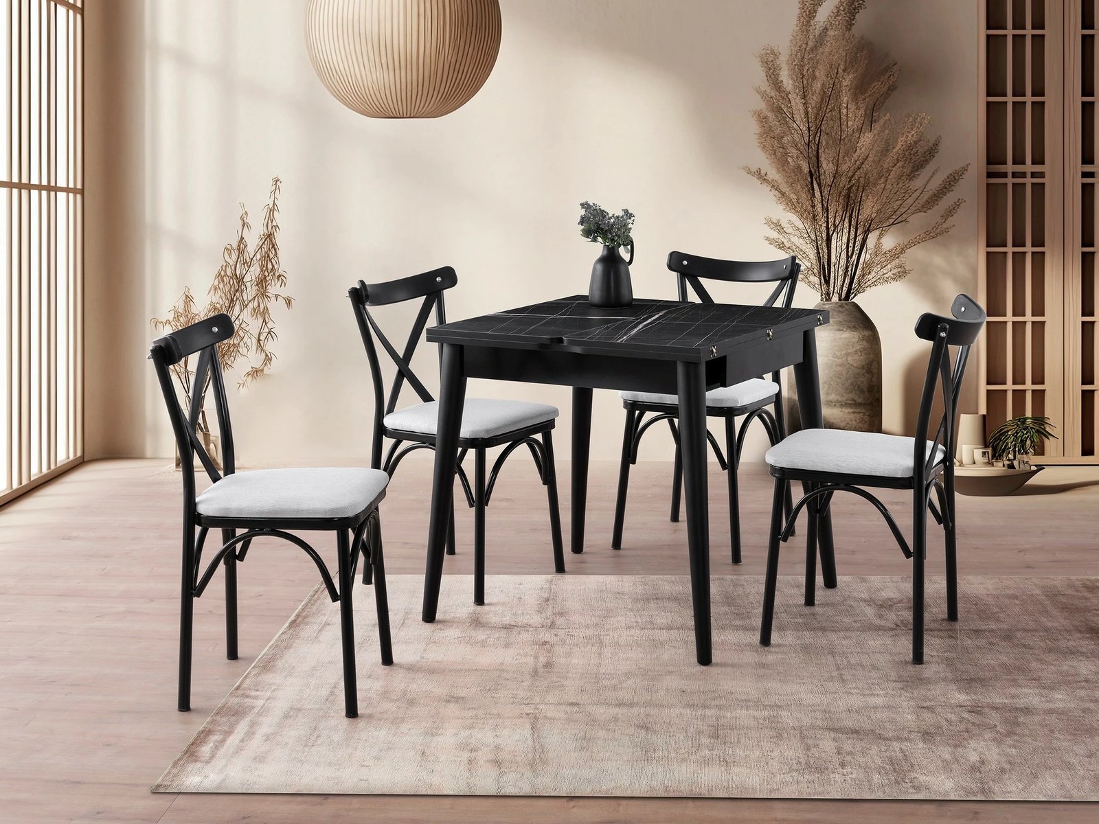 Tavolinë ngrënieje e zgjatshme, ngjyrë mermeri të zi, Skye Decor, Totem - 3041