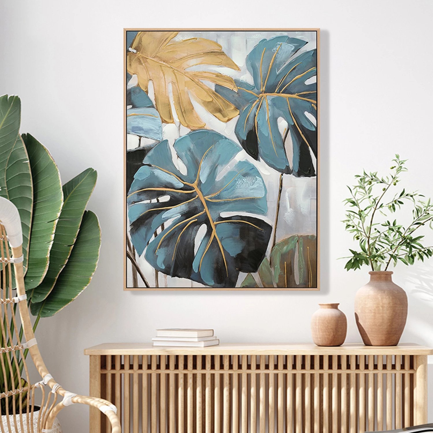 Pikturë muri FH4542 me kornizë PS ngjyrë bezhë - kanavacë e printuar me gjethe tropikale 62x4,5x82H cm