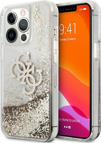 Mbështjellës Guess 4G Big Liquid Glitter për iPhone 13 Pro Max 6.7", ari Mbështjellës Guess 4G Big Liquid Glitter për iPhone 13 Pro Max 6.7", ari