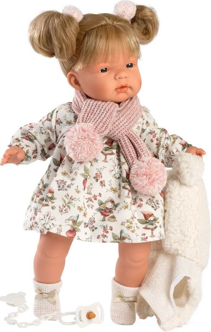 Kukull Llorens Joelle 38 cm, trup i butë, fustan me lule, për vajza