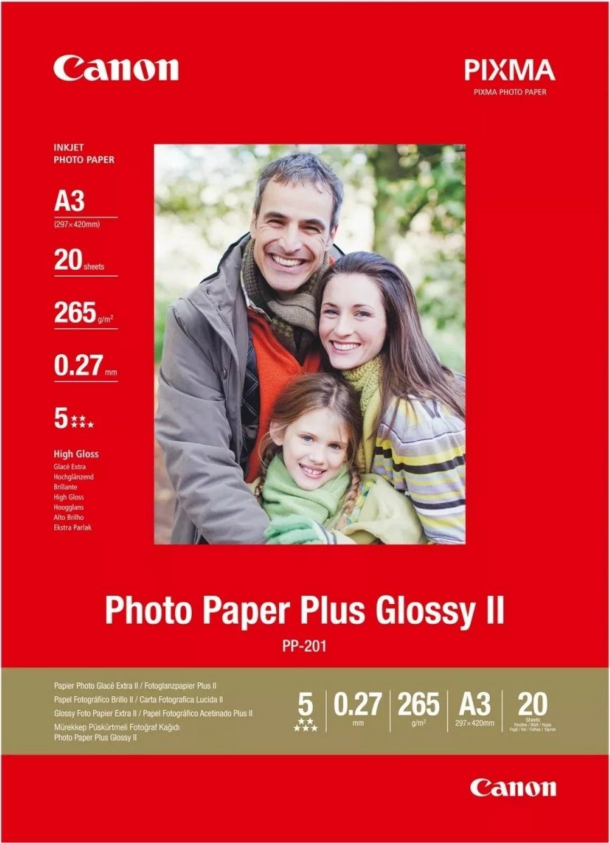 Letër fotografike Canon PP-201 Photo Paper Plus Glossy II, A3, 20 fletë, 265g Letër fotografike Canon PP-201 Photo Paper Plus Glossy II, A3, 20 fletë, 265g