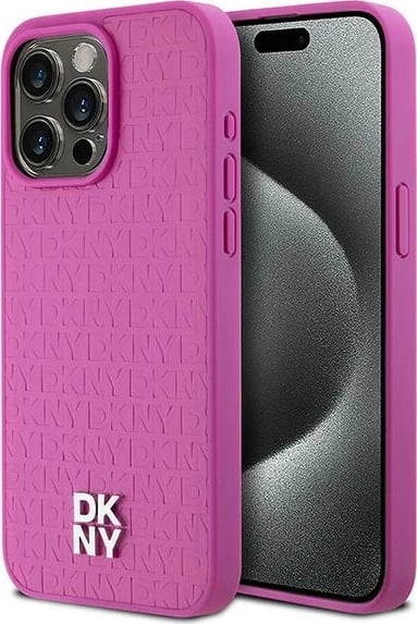 Mbështjellës DKNY Leather Monogram Pattern Metal Logo MagSafe për iPhone 15 Pro Max, Rozë