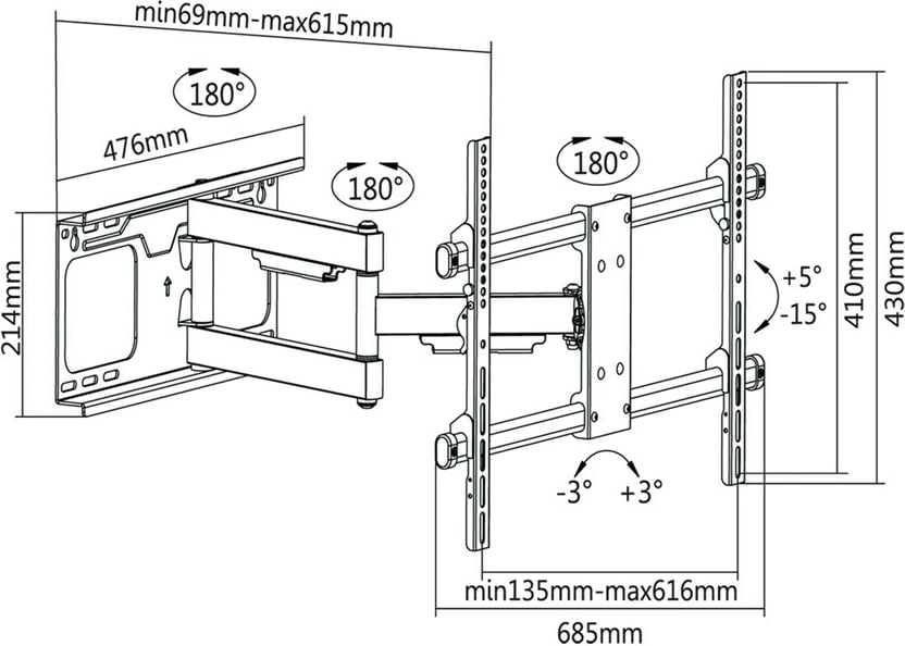 Mbajtës muri për TV Cabletech UCH0205, 37-70 inç, VESA 600x400, i zi