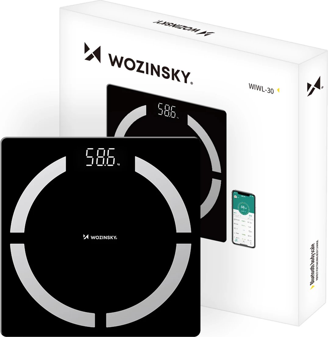 Peshore banjoje smart Bluetooth, Wozinsky WIWL-30, analiza trupore 12 parametra, deri 180 kg, ekran LED, e zezë