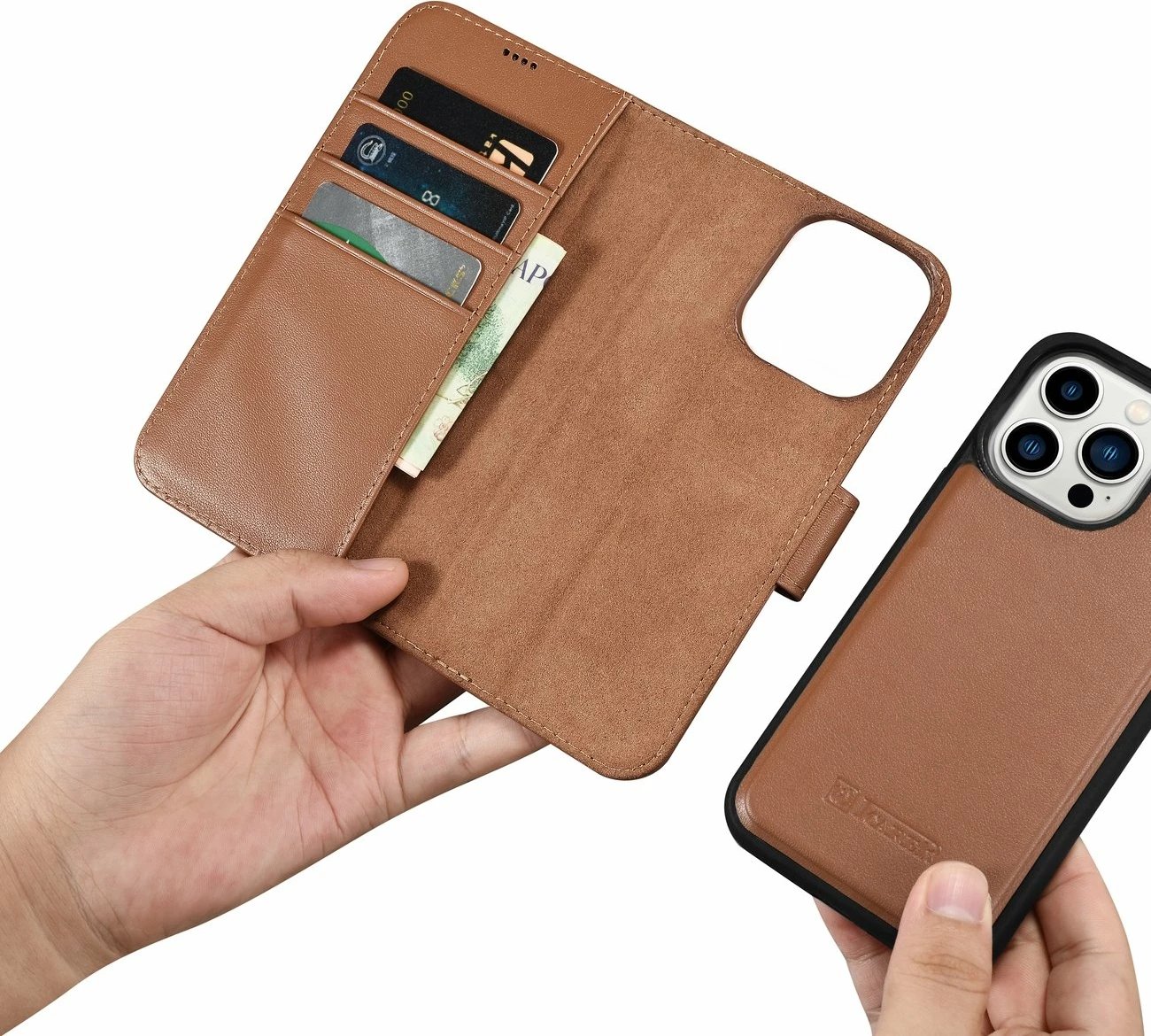 Mbështjellës iCarer Wallet Case 2in1 për iPhone 14 Pro, lëkurë natyrale, Anti-RFID, Kafe
