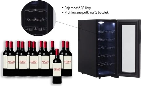 Frigorifer pije, Adler AD 8083, 33 L, 12 shishe, termolektrik 12–18°C, panel me prekje, i zi Frigorifer pije, Adler AD 8083, 33 L, 12 shishe, termolektrik 12–18°C, panel me prekje, i zi