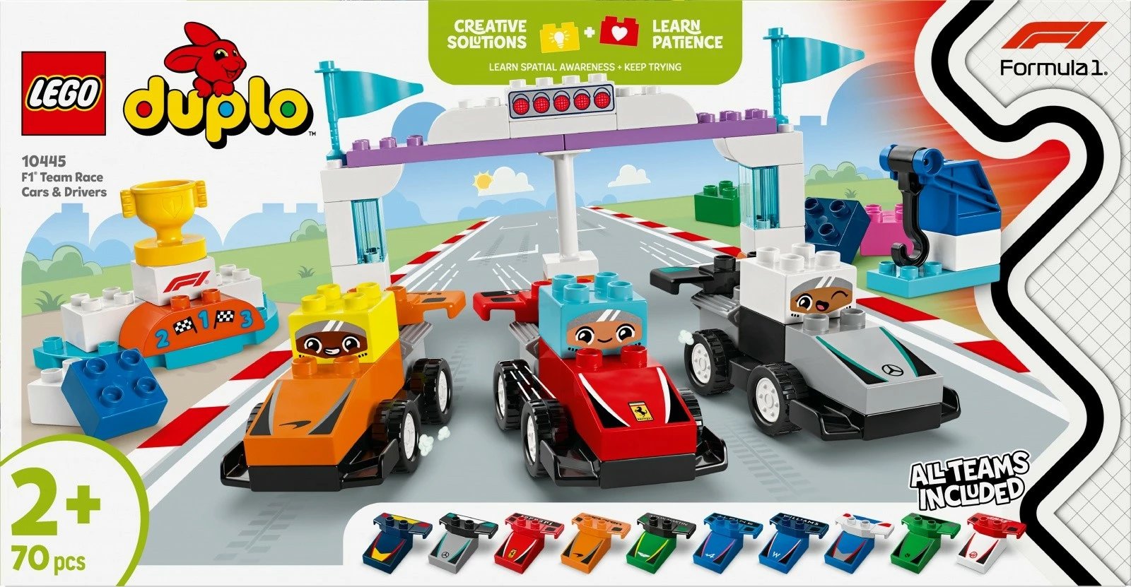 Set lodrash LEGO DUPLO Formula 1 Cars and Drivers 10445, 70 pjesë, shumëngjyrëshe