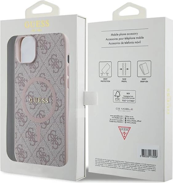 Mbështjellës Guess 4G Collection Leather Metal Logo MagSafe për iPhone 15/14/13, Rozë