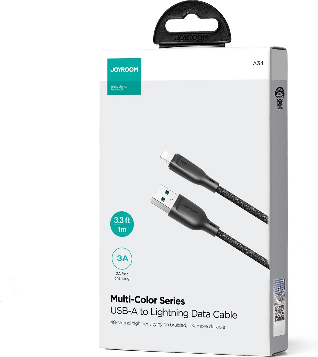 Kabllo Joyroom Multi-Color Series S-A34, USB-A në Lightning, 1m, 3A, e zezë