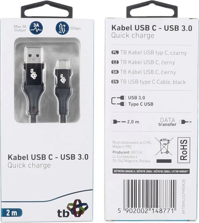Kabllo USB 3.0 në USB Type C TB 2m, e zezë