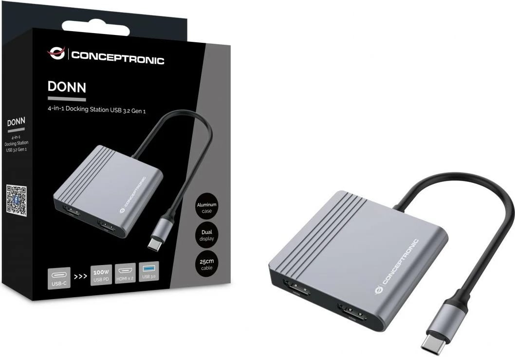 Dock Conceptronic 4-1 USB-C, 2x HDMI, USB 3.0, 100W PD, 25cm, gri