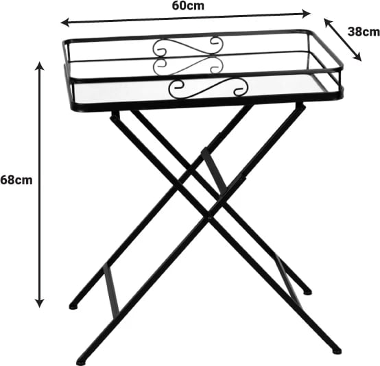 Tavolinë e palosshme, metal i zi, xham pasqyrë, 60x38x68 cm