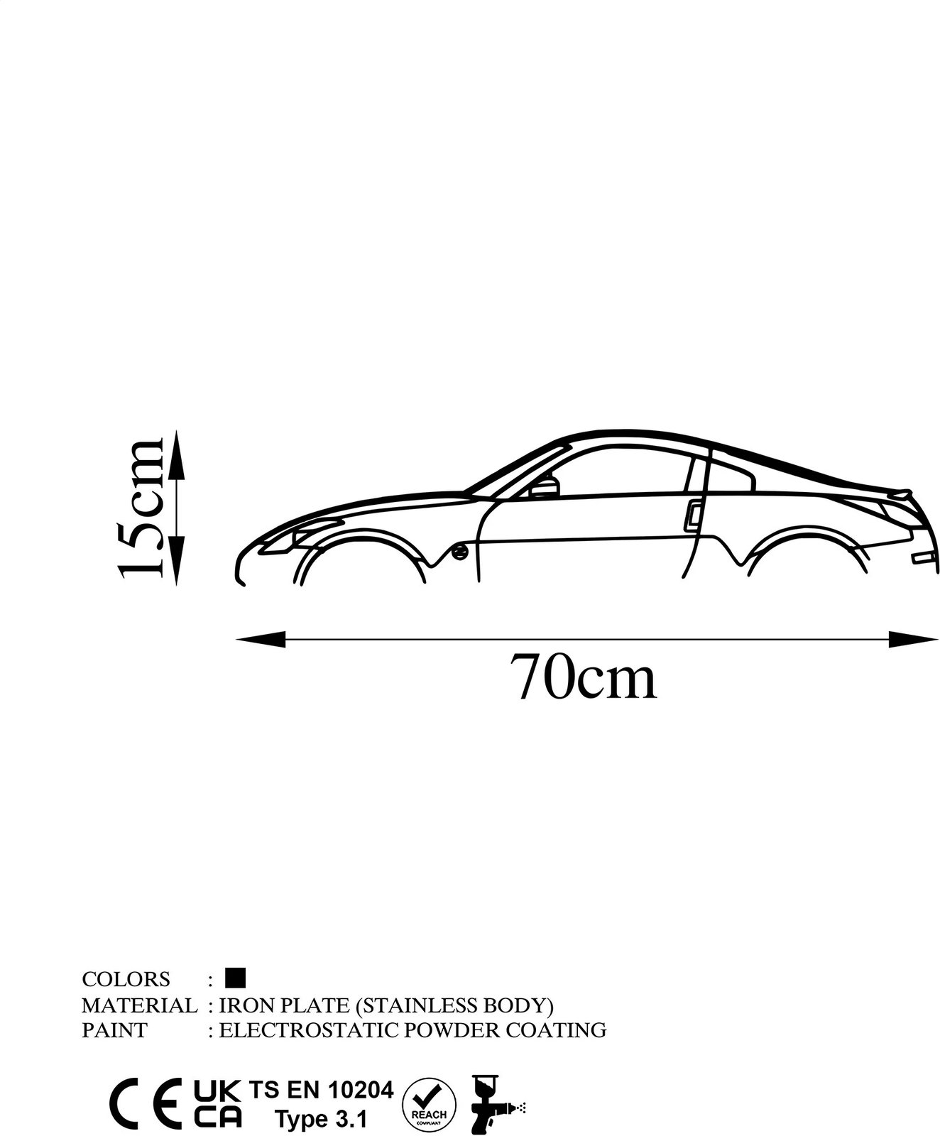 Aksesor dekorativ metalik për mur, silueta Nissan 350Z, ngjyrë e zezë, 70x15cm