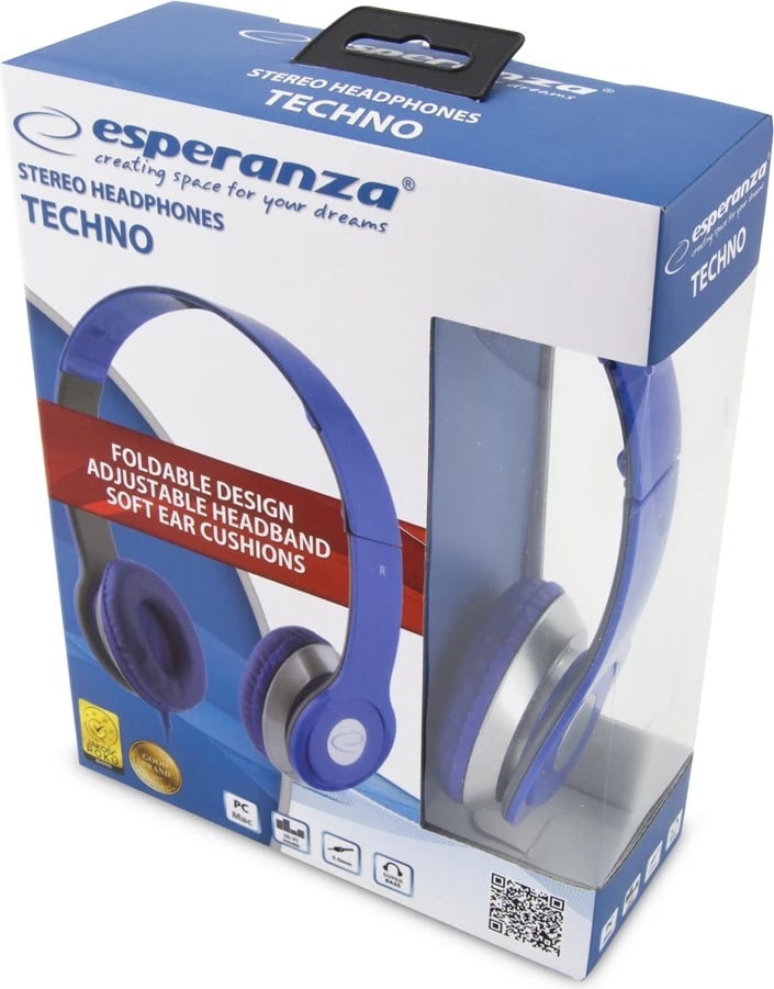 Kufje stereo me kabllo, Esperanza, TECHNO EH145B, kontroll volum, kabllo 3 m, mini jack 3.5 mm, blu