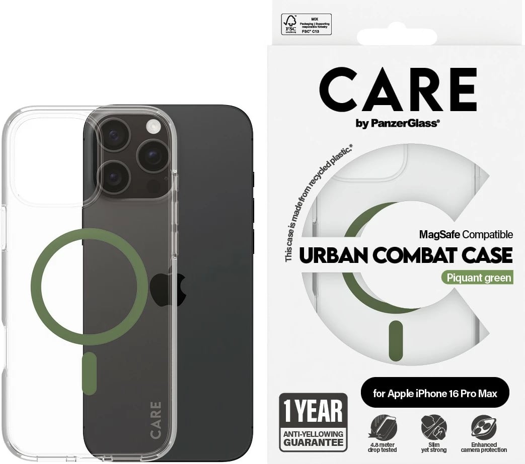 Mbështjellës PanzerGlass CARE Case Flagship MagSAFE për iPhone 16 Pro Max, transparent, green