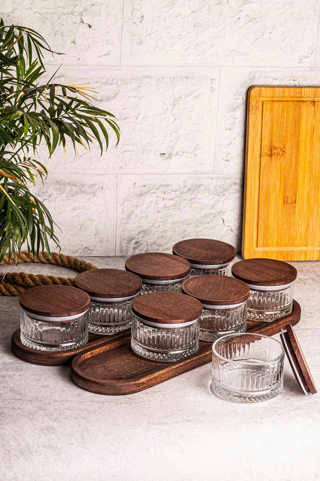 Set tasash prej xhami me kapakë druri, 18 copë, Hermia Concept, Bella 10