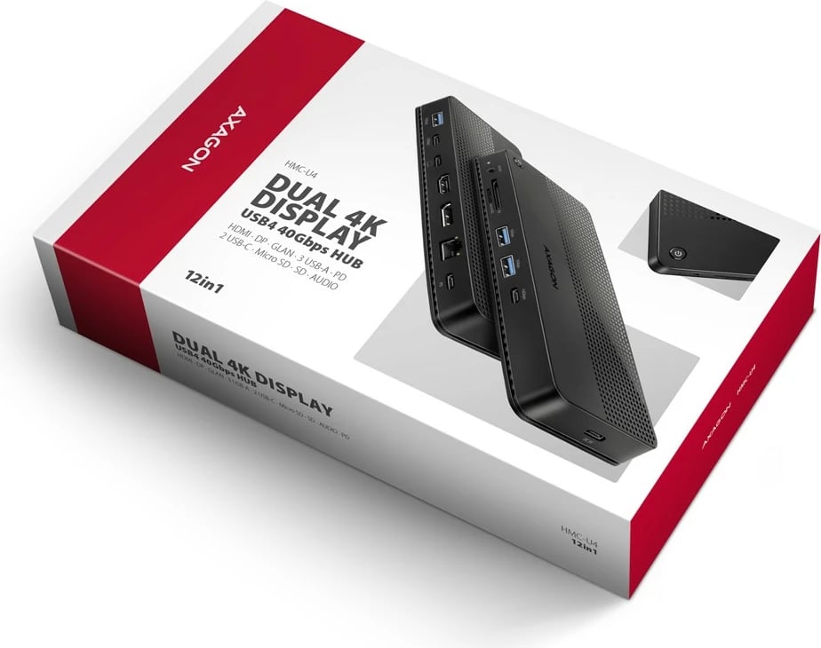 Stacion dokimi AXAGON HMC-U4, 12-në-1, USB4 40Gbps, 3x USB-A, 2x USB-C, GLAN, HDMI 8K, DP 8K, PD 100W, audio HQ, SD/microSD, 80cm kabllo, Zi